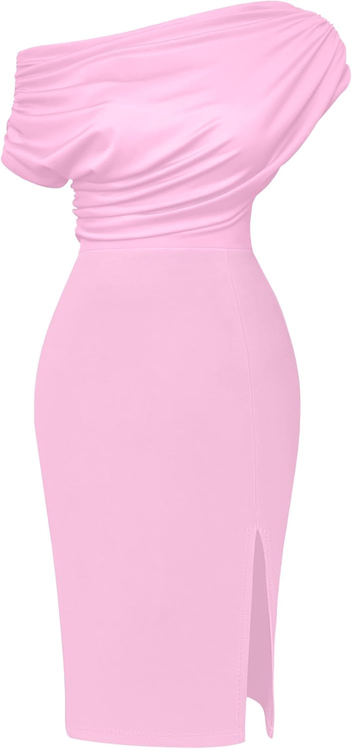 Elegant Off Shoulder Split Hem Bodycon Midi Dress for Women