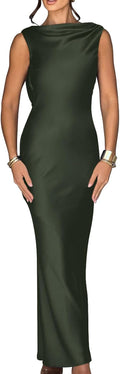 Women's Elegant Sleeveless High Neck Tie Satin Maxi Dress - Formal
