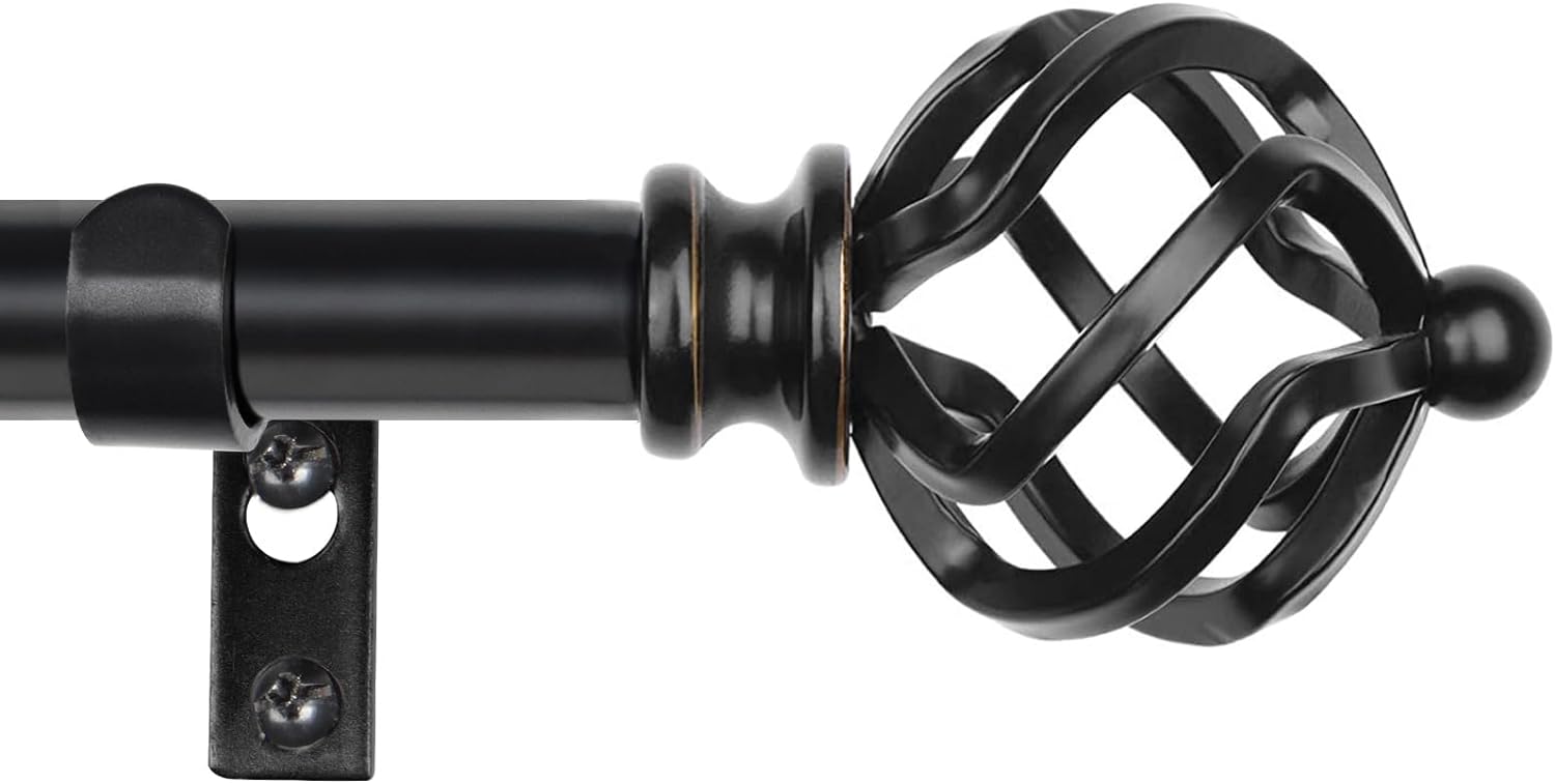 Adjustable Black Curtain Rod for Windows - 32-58 Inch Range - Stylish Twisted Cage Finial