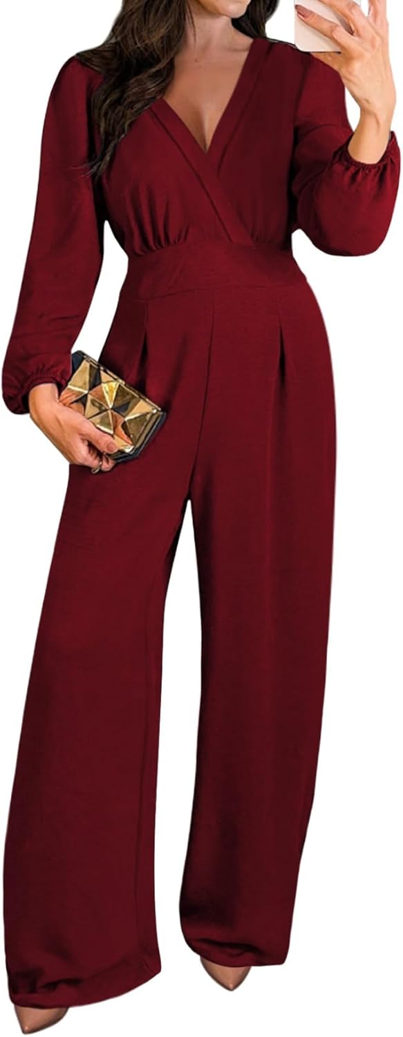 Chic V Neck Wide Leg Jumpsuit for Women by Pink Queen