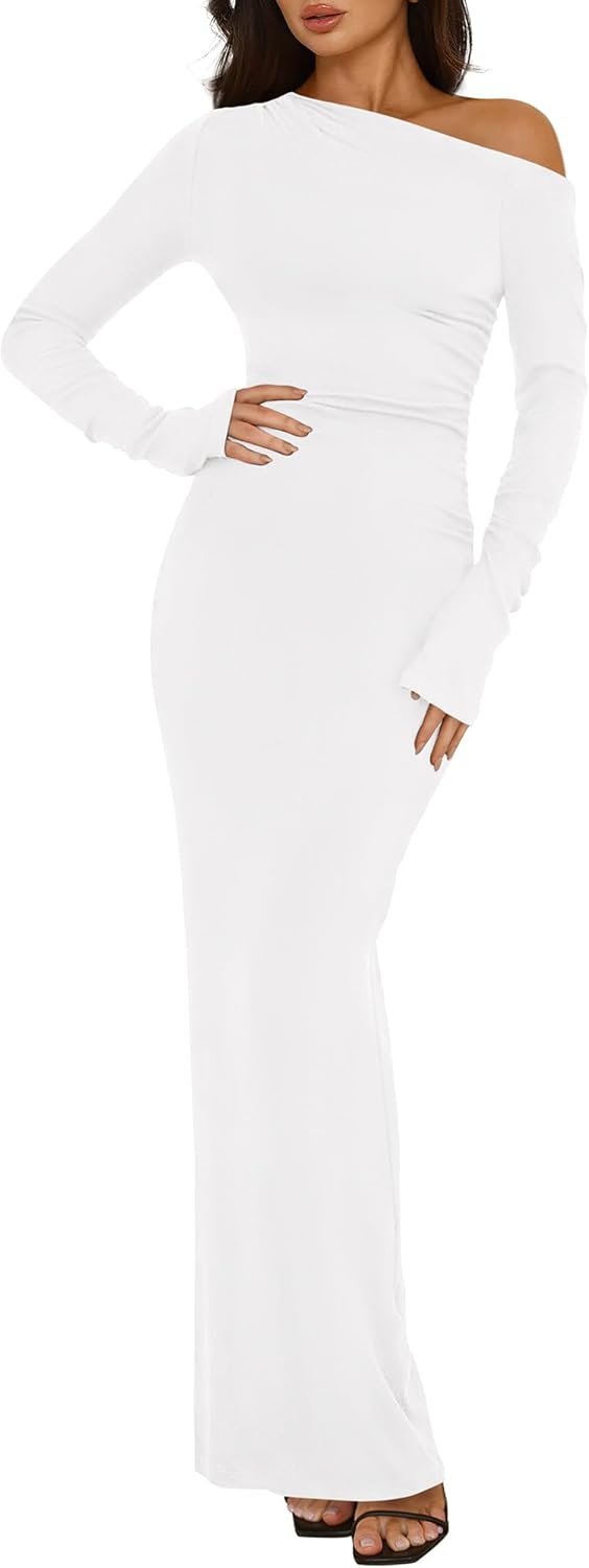 One Shoulder Long Sleeve Dress for Women - Bodycon Maxi Style