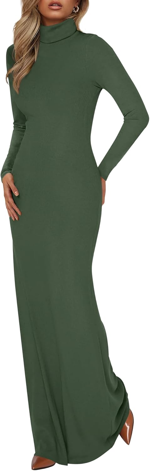 Trendy Long Sleeve Turtle Neck Maxi Dress for Women Fall 2025
