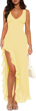 Elegant Women's V Neck Mesh Maxi Dress with Slit and Ruffles