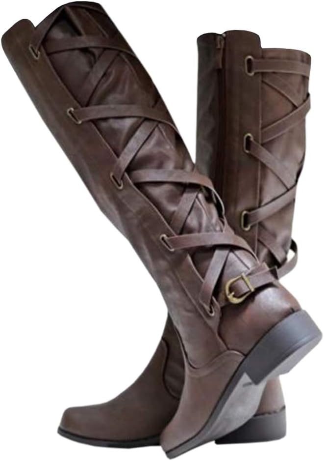 Syktkmx Womens Strappy Motorcycle Knee High Boots for Winter
