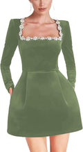 Long Sleeve Velvet Mini Wedding Dress with Crystal Square Neck