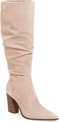 Knee High Faux Suede Boots Pointed Toe Chunky Heel - Wide Calf Fit