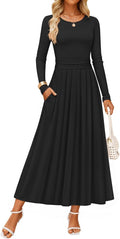 ZESICA Elegant Long Sleeve Maxi Dress - Pleated A Line Fall Dress