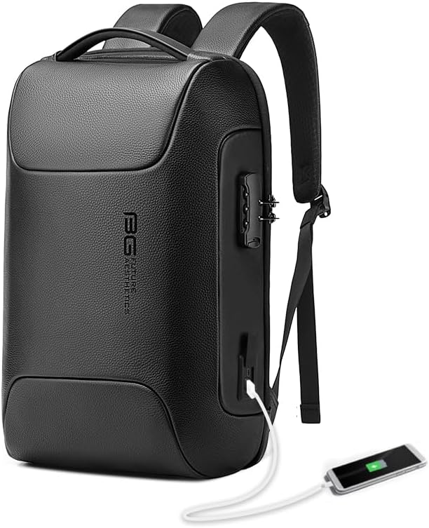 BANGE Black Genuine Leather Laptop Backpack for Men with USB Port