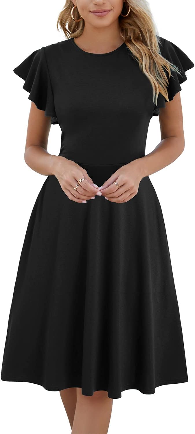 HELYO Women's Ruffle Sleeves V-Back Fit and Flare Dress