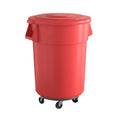 55 Gallon Red Round Commercial Trash Can with Lid and Dolly - Durable