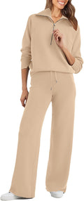 Womens 2 Piece Oversized Half Zip Sweatshirt & Wide Leg Pants - Cozy