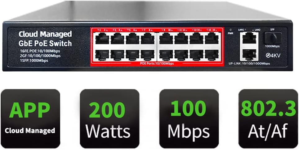 16 Port PoE+ Switch with Cloud Management and Overload Protection
