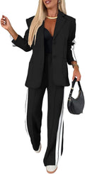 Two Piece Striped Side Button Blazer and Pants Set - Tailored Comfort