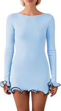 Women Elegant Ruffle Hem Knit Mini Dress - Slim Contrast Patchwork