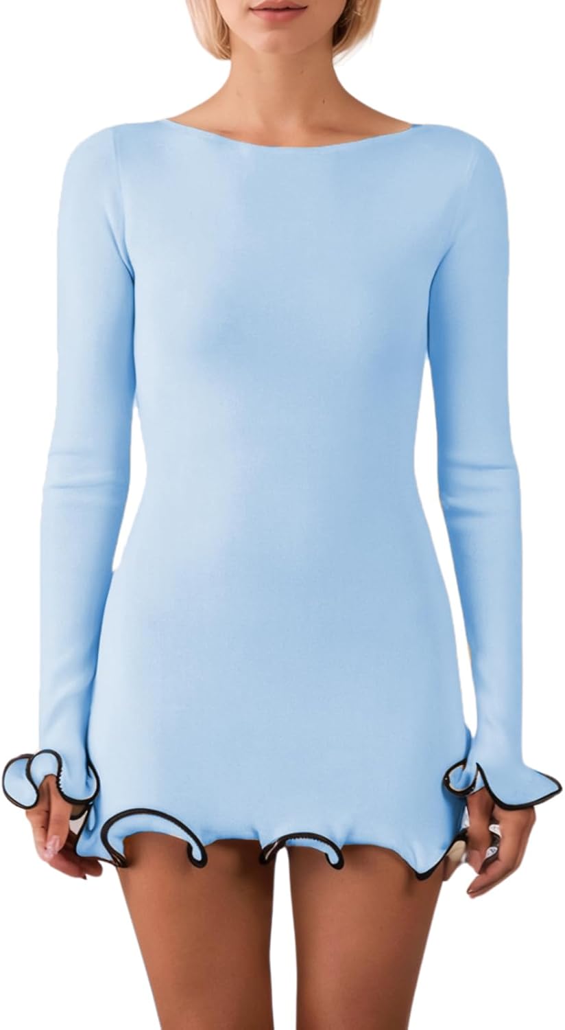 Elegant Ruffle Hem Knit Mini Dress for Women in Fall Style