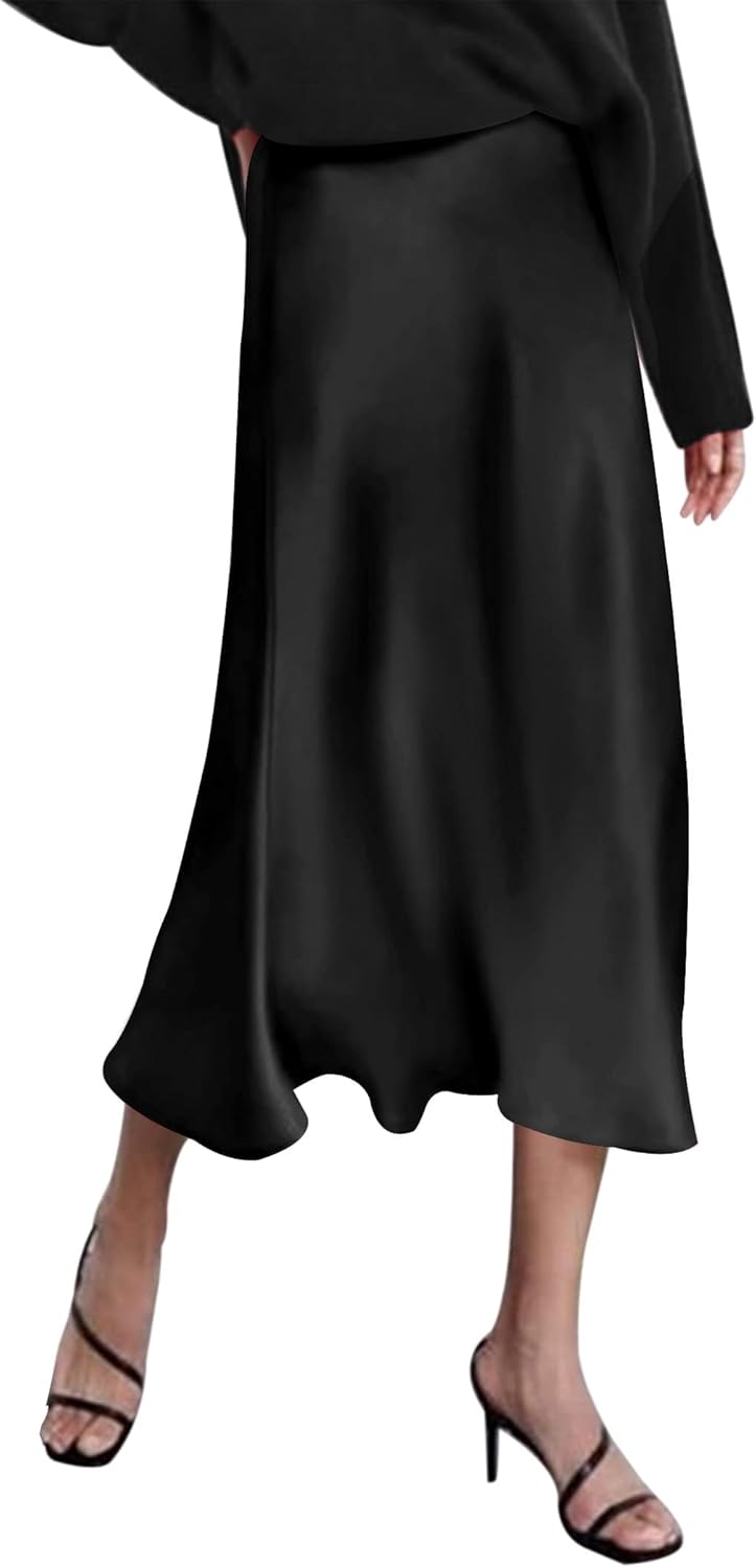 Elegant High Waisted Satin Midi Skirt for Stylish Women