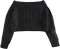 V Neck Button Knit Crop Sweater - Off-Shoulder Cable Knit
