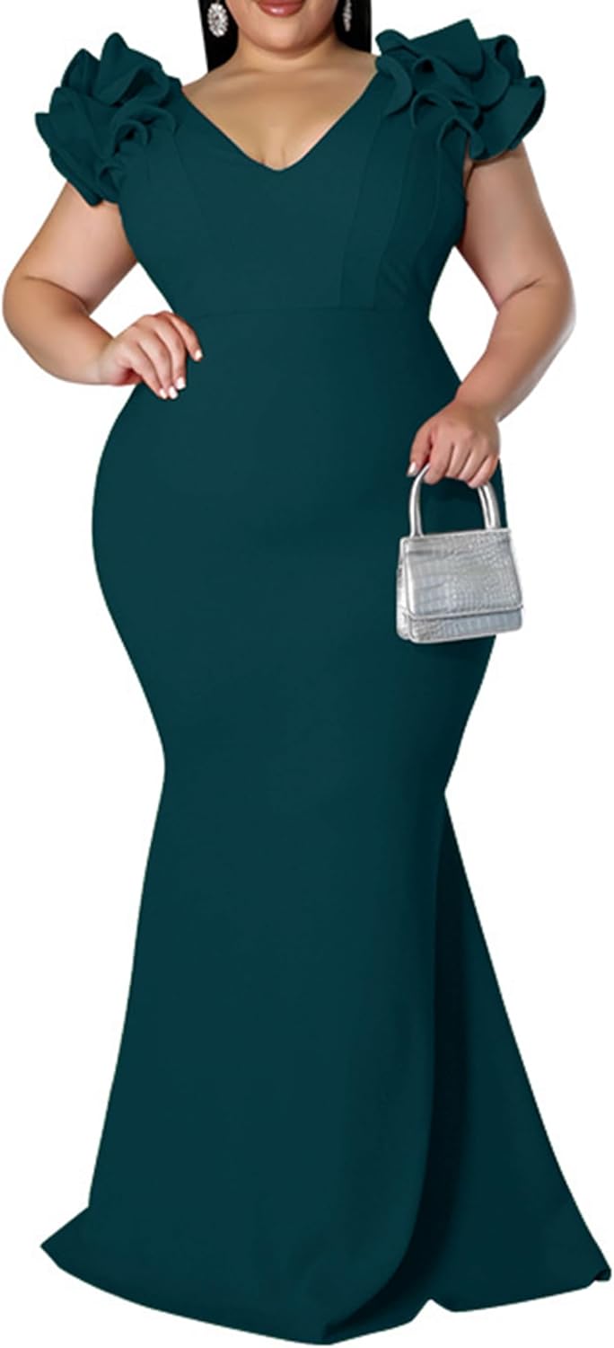 Elegant Plus Size Maxi Dress with Ruffle Sleeves for Women