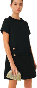 Womens Tweed Jackie Dress Elegant Crew Neck Short Sleeve Style