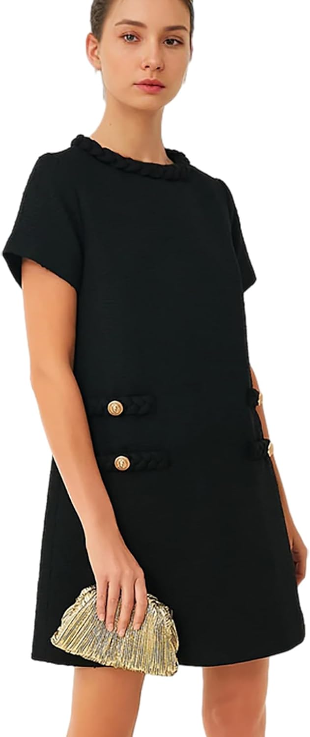 Womens Tweed Jackie Dress Elegant Crew Neck Short Sleeve Style