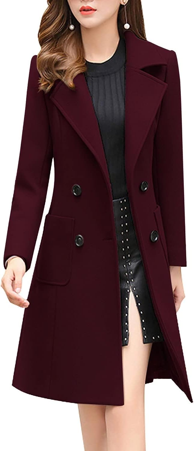 Elegant Notched Collar Double Breasted Wool Blend Over Coat