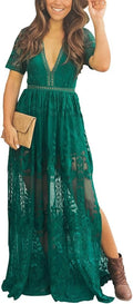 Eleter Women's Deep V-Neck Lace Romper Long Dress - Flowy Lace Design