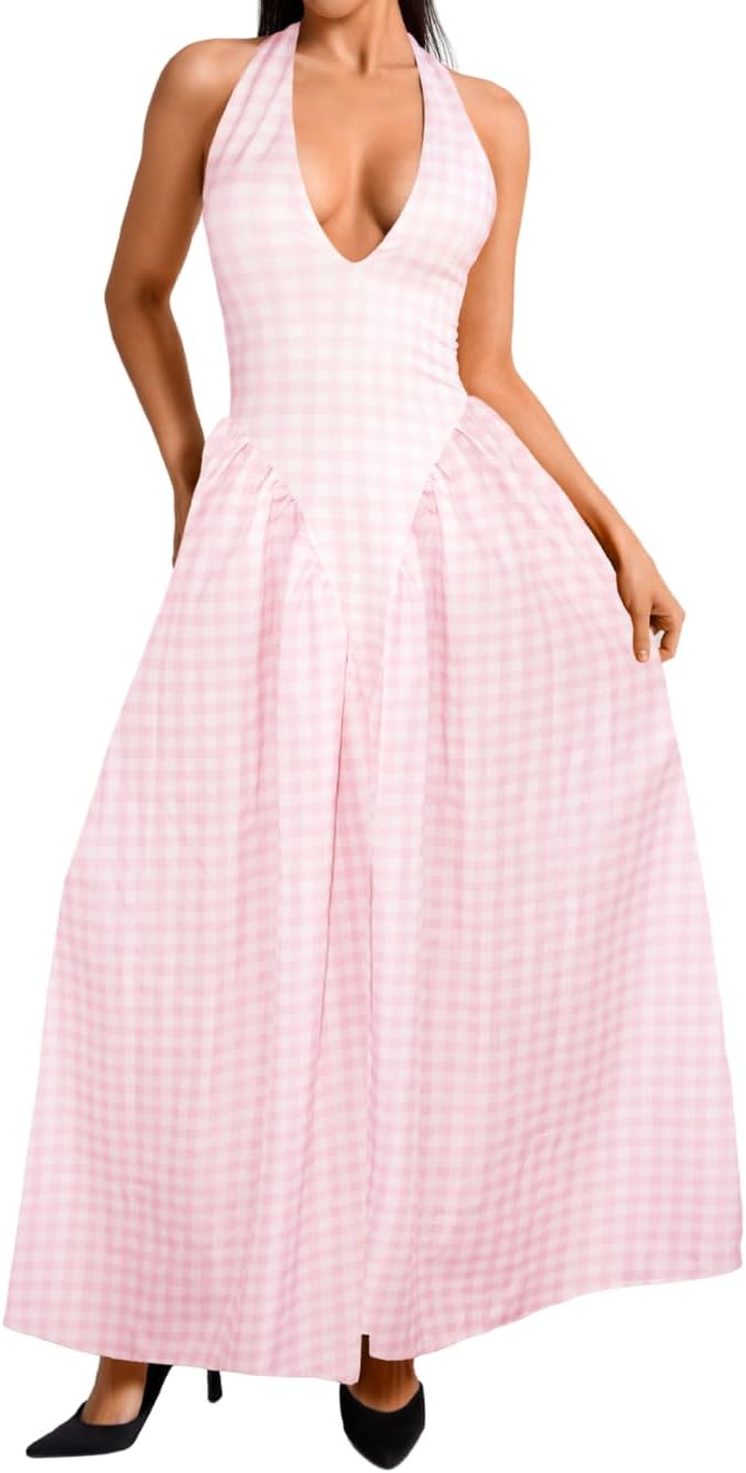 Deep V Neck Dress for Women - Halter Maxi Vacation Style