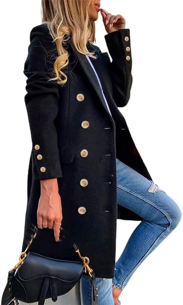 Womens Fall Winter Wool Coats Double Breasted Midi Peacoat