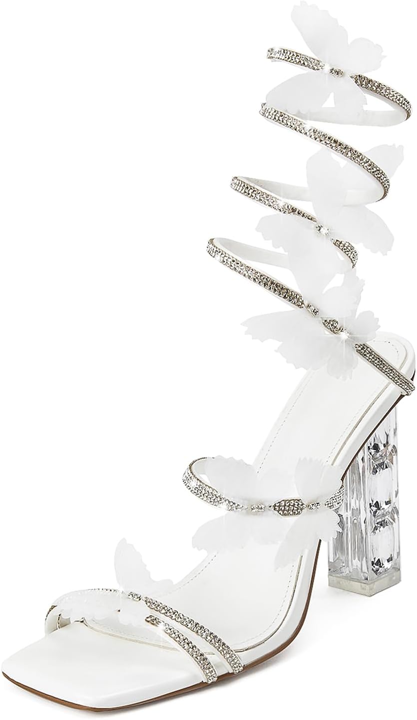 Womens Lace Up Sandals with Chunky High Heels and Rhinestones