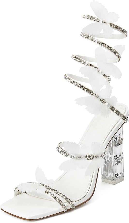 Womens Lace Up Sandals with Rhinestone Strappy High Heels