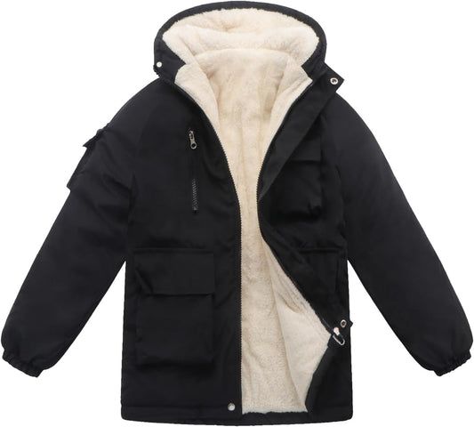 Winter Kids Boys Black Puffer Jacket Hooded Fleece-Lined Wear