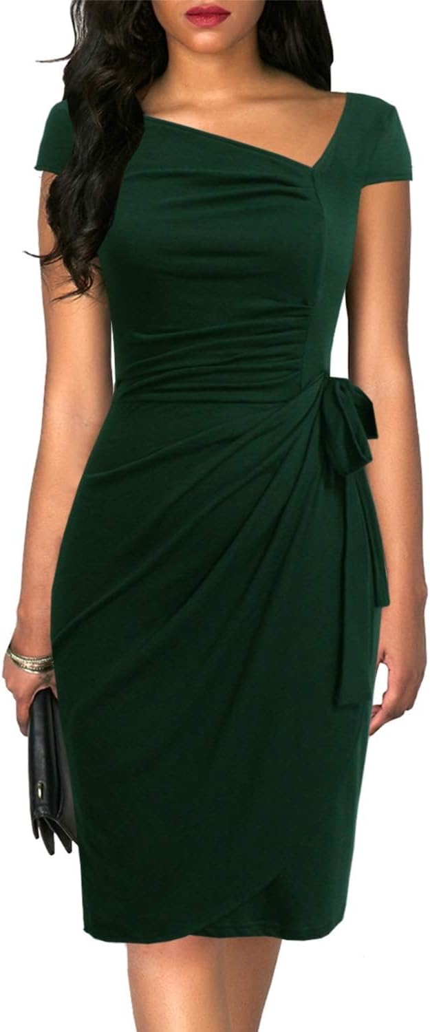 Women's Vintage Cap Sleeve Asymmetrical Neckline Bodycon Dress