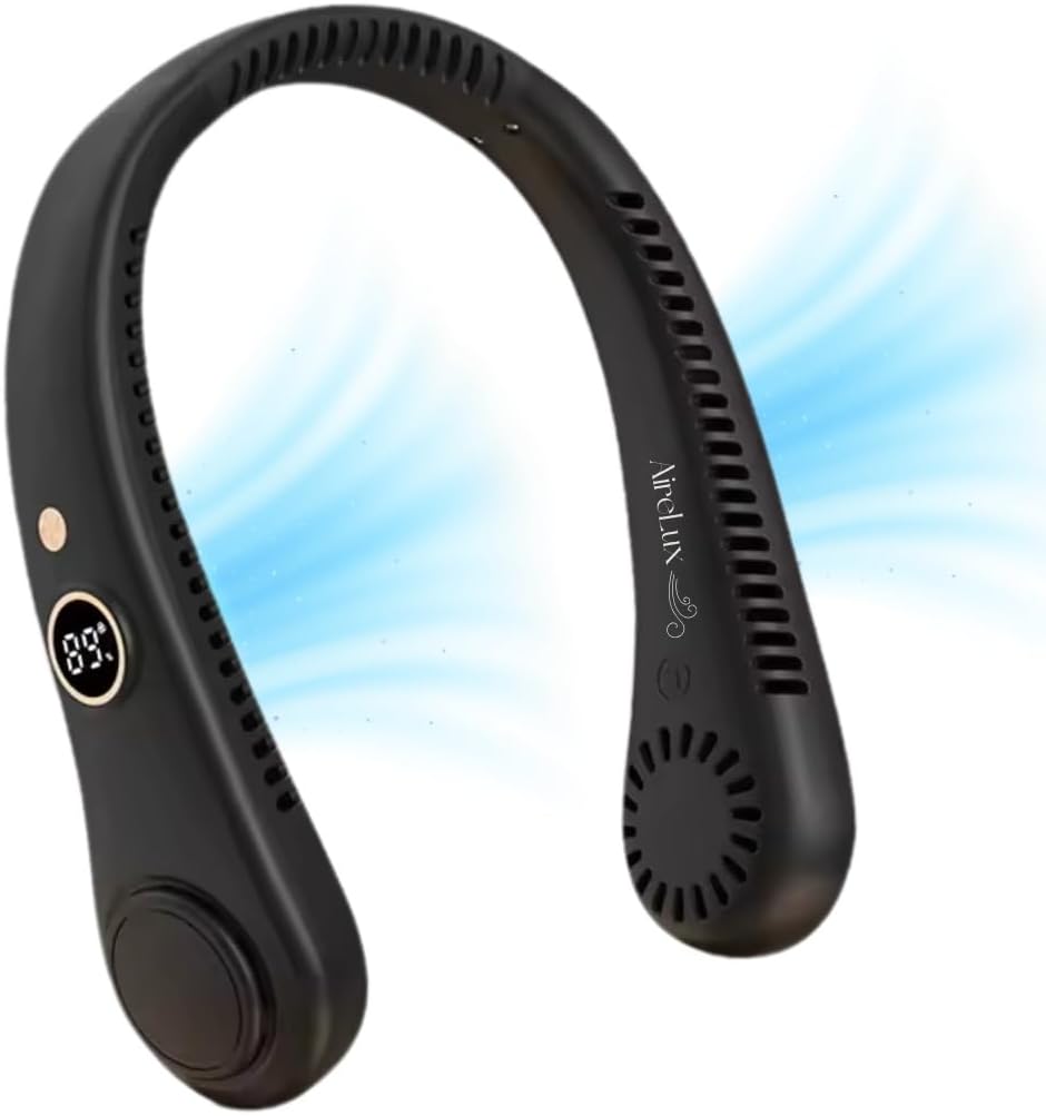 Hands-Free Cooling Neck Fan | Rechargeable 5-Speed | Portable LED Display | Indoor Outdoor | Midnight Black