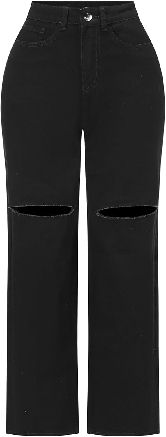High Waisted Wide Leg Jeans for Women - Stretchy Distressed Denim