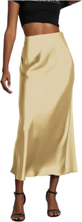Women's Satin Fishtail Midi Skirt - High Waisted Elegant Flare
