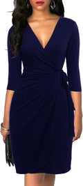 Black Faux Wrap V Neck Sheath Dress for Women - Classic Work-to-Party