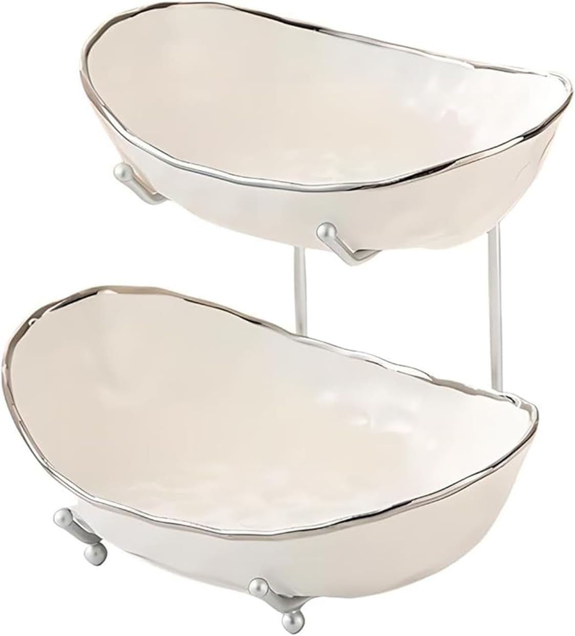 2 Tier Ceramic Fruit Bowl with Metal Rack for Kitchen Counter