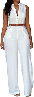 Pink Queen Women Jumpsuits V Neck Button Down Sleeveless Wide Leg