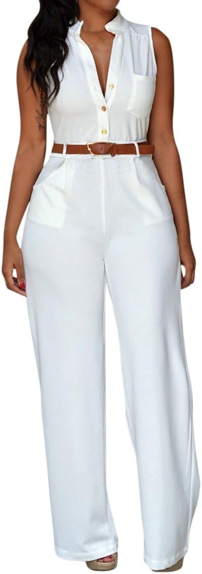 Pink Queen Women Jumpsuits V Neck Button Down Sleeveless Romper