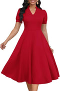 Womens Short Puff Sleeve V Neck Casual A-Line Dress - Knee Length