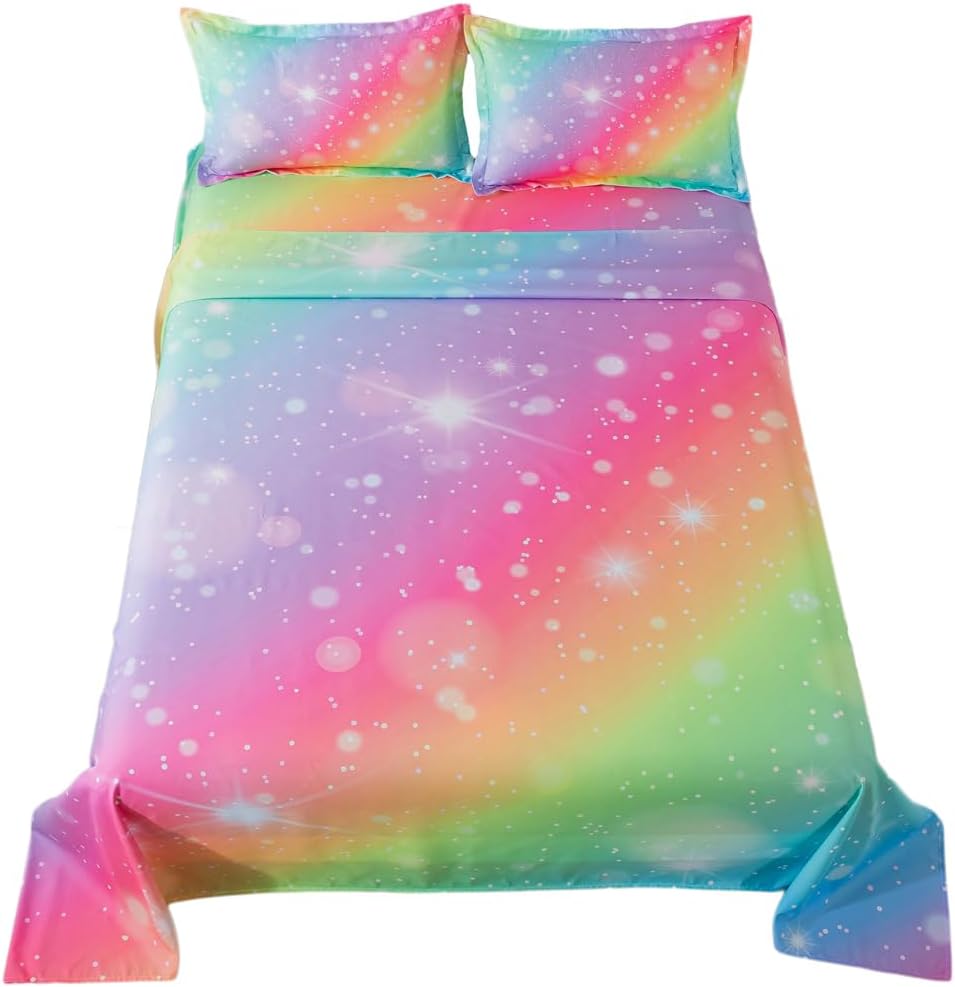 Rainbow Fitted Sheet Set for Girls - 4 Piece Pastel Bedding