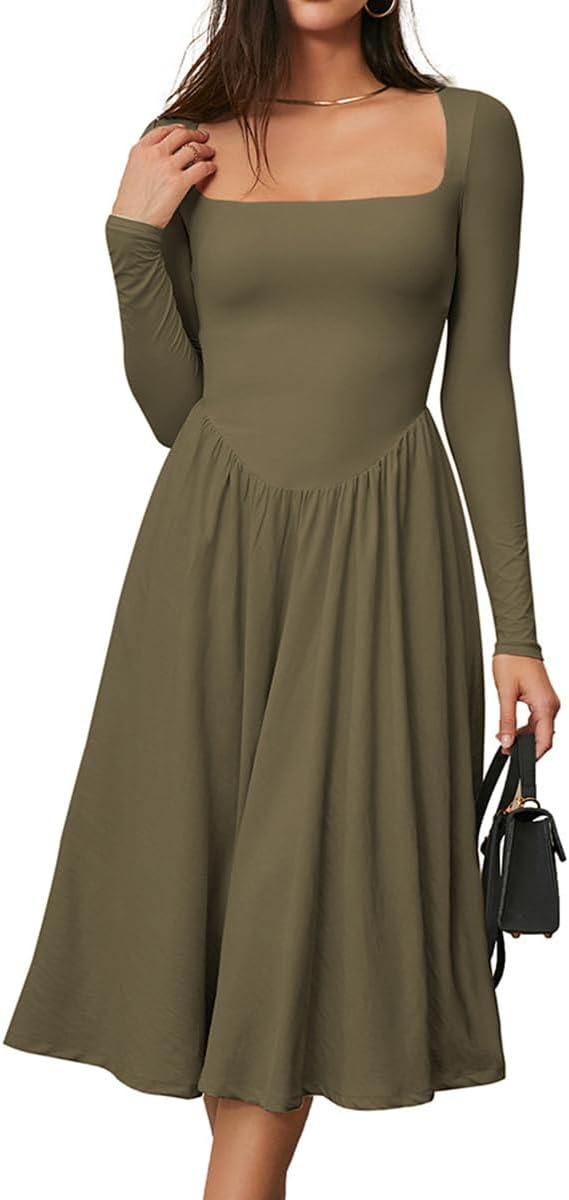 Chic Square Neck Long Sleeve A-Line Midi Dress for Women