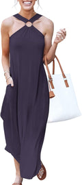 Women Summer Halter Neck Sundress - Flowy Maxi with Pockets