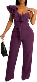Womens Ruffle Backless V-Neck Jumpsuit - Wide Leg Romper