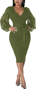 BOGURST Semi Formal Church Dresses for Women Bishop Sleeve V Neck