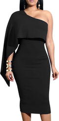 GOBLES Women's One Shoulder Ruffle Bodycon Midi Dress - Elegant Fit 3%