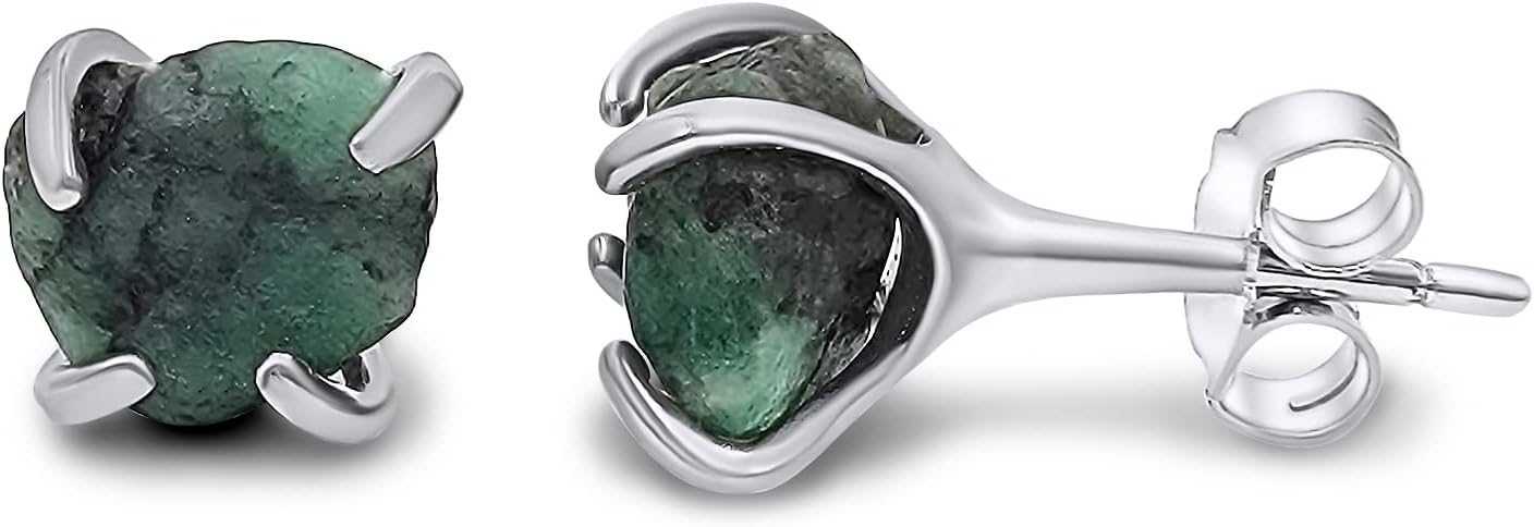 Natural Raw Gemstone Stud Earrings in White Gold Over Silver