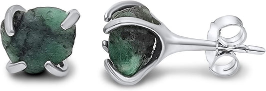 Natural Raw Gemstone Stud Earrings in White Gold Over Silver