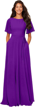 Chiffon Modest Bridesmaid Dress with Sleeves and Pockets - Elegant