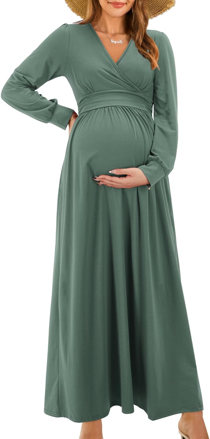 OUGES Fall Maternity Maxi Dress for Baby Shower and Photoshoot
